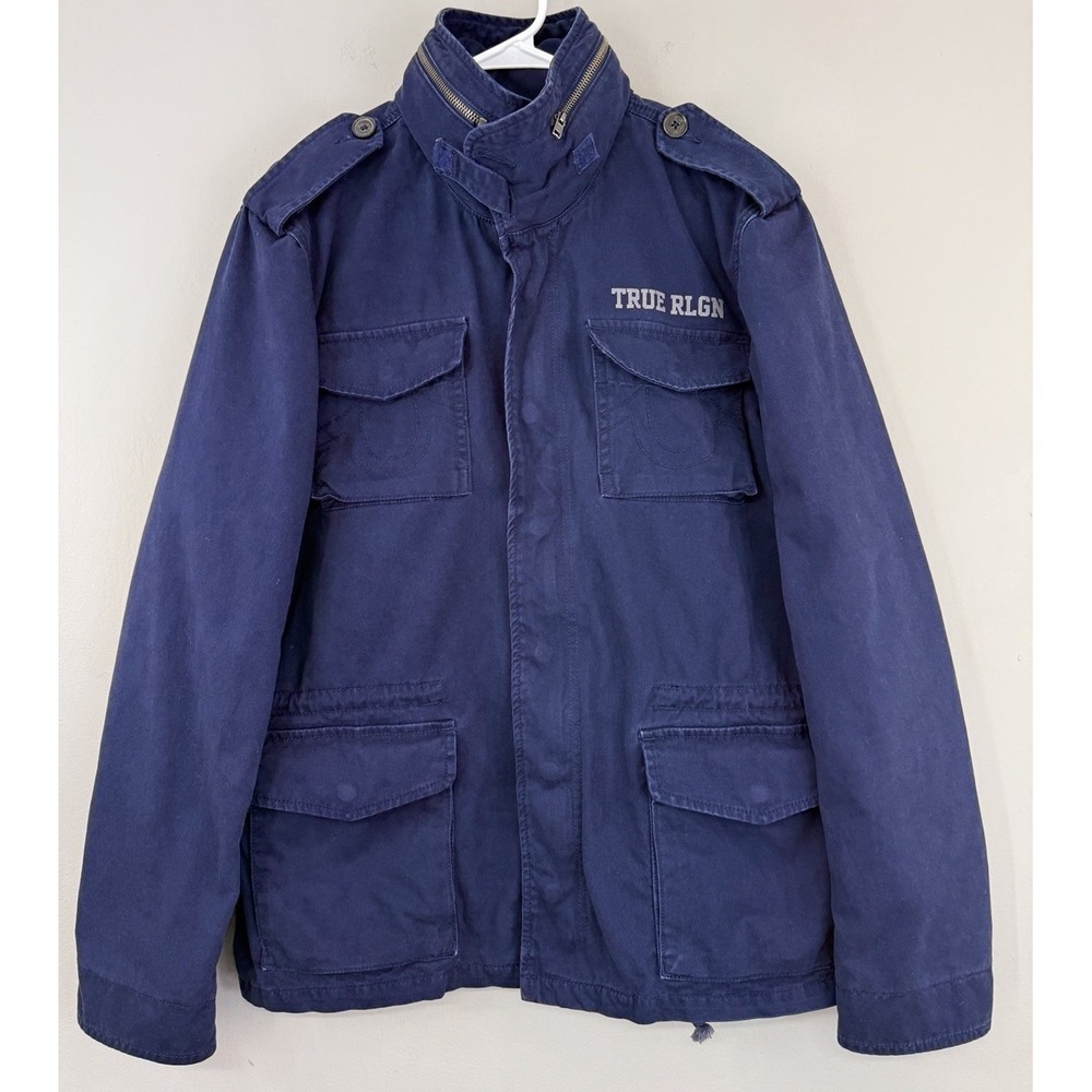True Religion Military Field Jacket Men's Large World Tour Navy Blue Tuck Hood